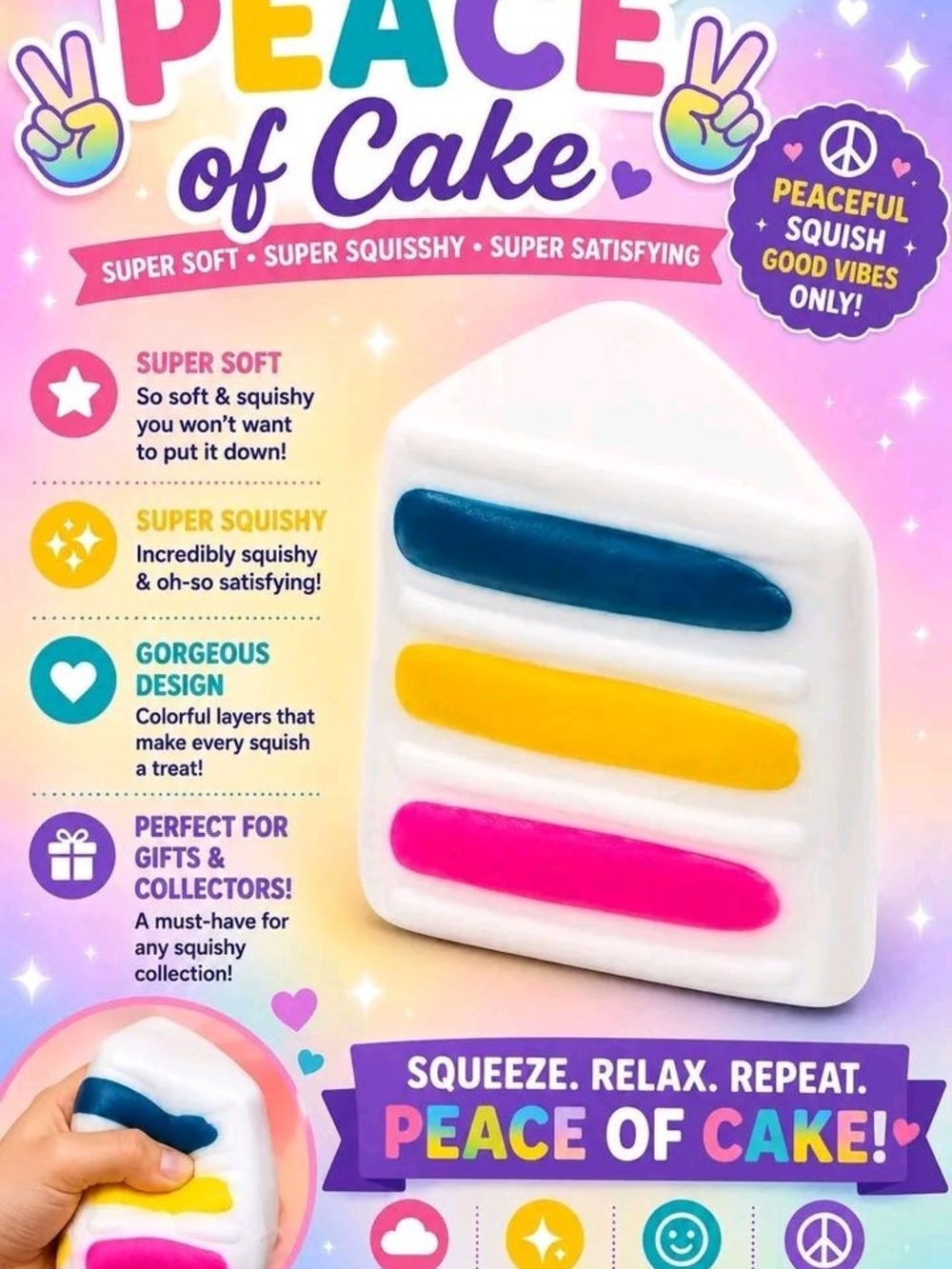 Peace of Cake Squishy Slice Toy - White with Blue, Yellow & Pink Accents